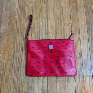 MCM Red and Black Leather Wristlet Clutch